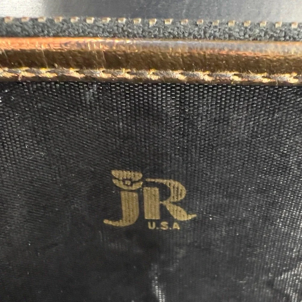 Vintage 60s JR USA Black Patent Leather Handbag Gold Chinese Character MCM